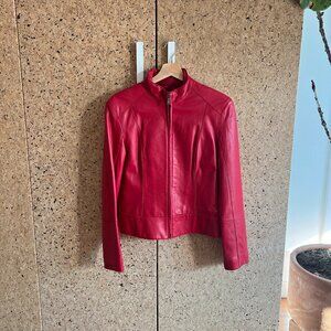 Red Leather Moto Jacket.- Genuine Leather